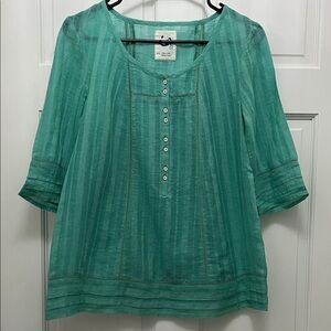 Anthropologie Teal Mermaid Cotton Linen Button-Up Blouse - Size XS